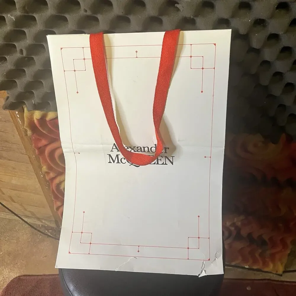 Alexander McQUEEN Designer Medium Cream Paper Gift Bag Shopping Tote Red Ribbon